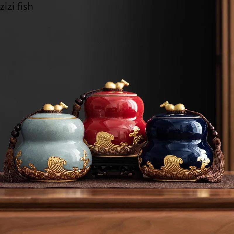 Gourd Shaped Ceramic Tea Jar Sealed Jar Tea Box Black Teas Green Teas Jar Teas Container Tea Canister Household Storage Jars