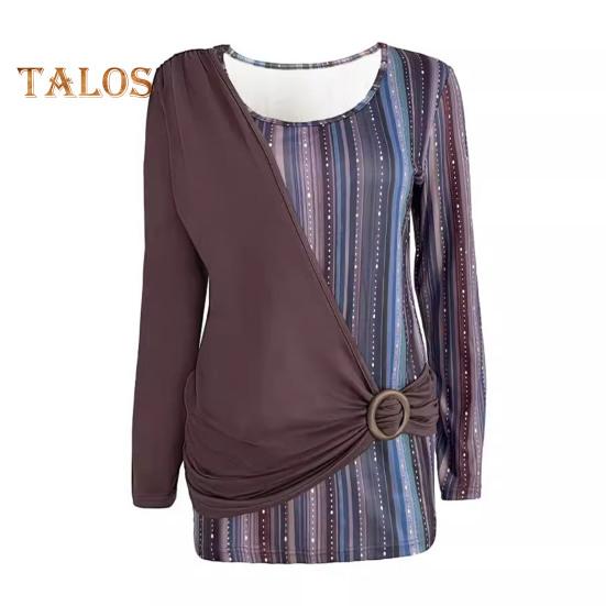 Damen-Oberteile, Rundhalsausschnitt, Langarm, Pullover, Tops, Streifendruck, Spleißdesign, lässig, lockeres T-Shirt für den Alltag