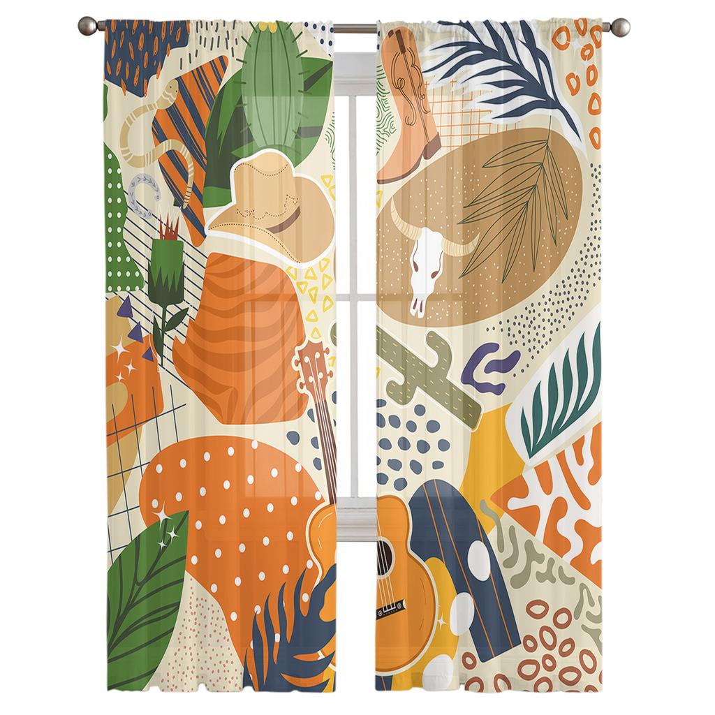 Cowboy Wüste Tropische Pflanze Gitarre Boho Transparente Vorhänge Wohnzimmerfenster Tüllvorhänge Schlafzimmer Schleier Vorhänge Luxuriöse Gardinen