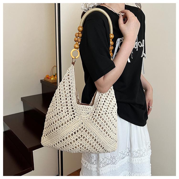 Stricktasche mit großer Kapazität Damen Sommer Neue Holzperlen Gewebte Umhängetasche Wolle Häkel-Einkaufstasche