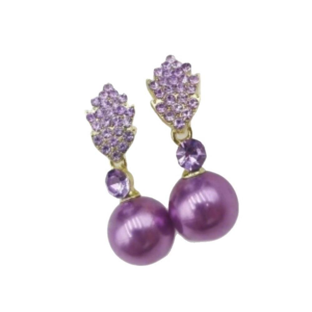 Luxury Romantic Purple Shining Brightly Full Zircon Leaves Pearl Pendant Dangle Earrings for Women Wedding Bride Charm Jewelry