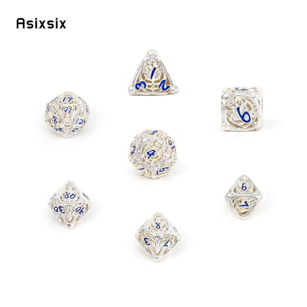 7 Pcs White Blue Skull Metal Dice Hollow Metal Polyhedral Dice Set Suitable for Role-Playing RPG  Board Game Card Game
