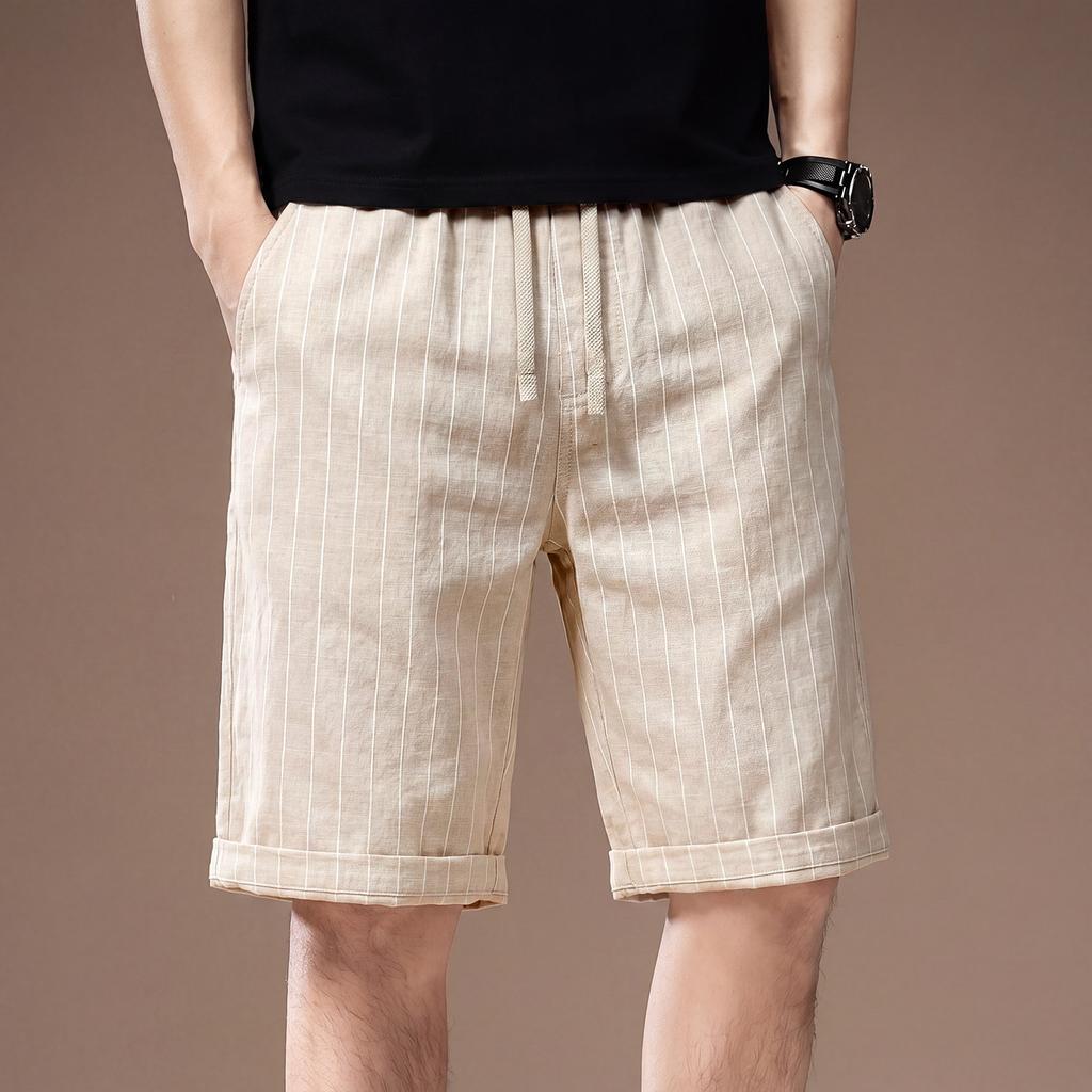 Hochwertige amerikanische Retro-Kontrastfarbe vertikale Streifen Leinen-Baumwollmischung lässige Shorts Herren Sommer dünn trendige Fünf-Punkt-Hose