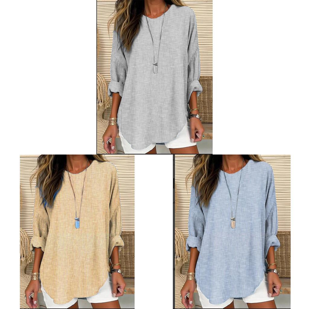 Spring Fashion Womens Striped Cotton Linen Shirt With Patching For Casual Wear
