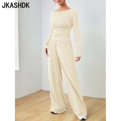 Women's Fashion Casual Spring Autumn Solid Color Print Long Sleeve O-Neck Trousers Pants Suits