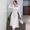 Spring and Autumn French Square Neck White Long Sleeve Dress Women's Clothing Waist Skinny Stunning Temperament A-word Long Dress Women