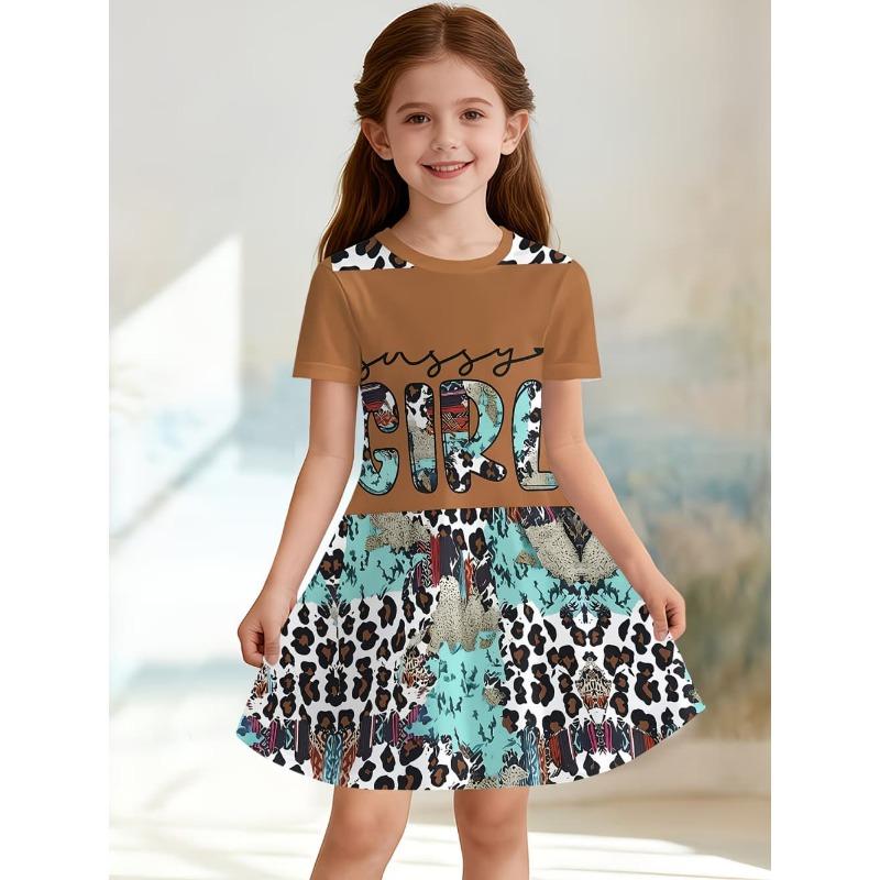 Leopard Print Summer Girls Dress Short Sleeves All Printed Frocks Cute A-Line Princess Dress for Young Girls