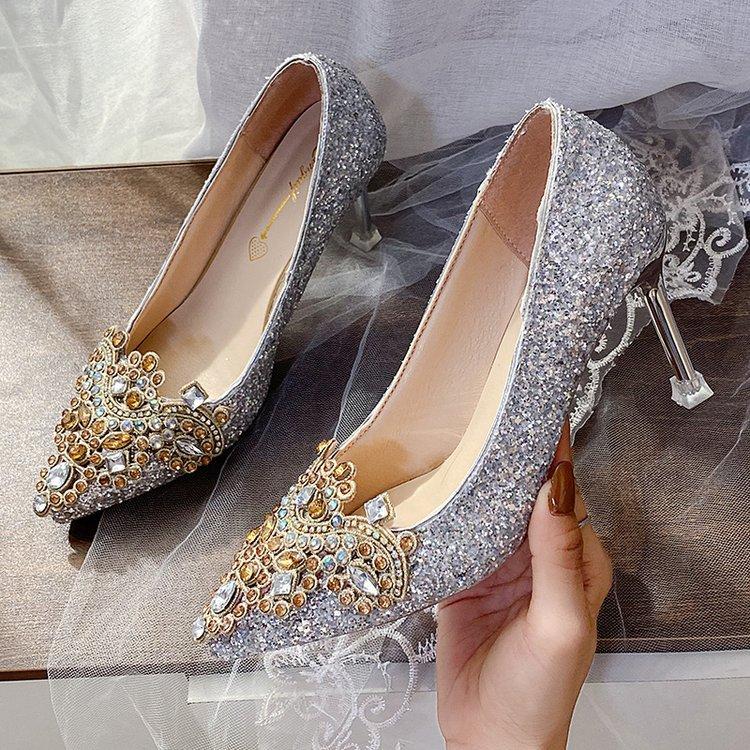 Wedding Shoes Women's Brides Bridesmaids Crystal Shoes Etiquette Wedding Sequins Fine Heels Rhinestones Women's High Heels