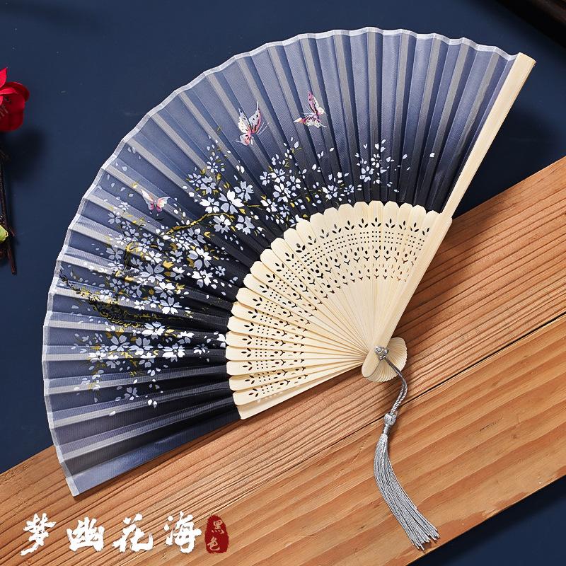 Bamboo Folding Fan Silk Chinese Fan Hand Women Black Fan Summer Female Dance Home Decoration Party Gift Home Ornament Fan Black
