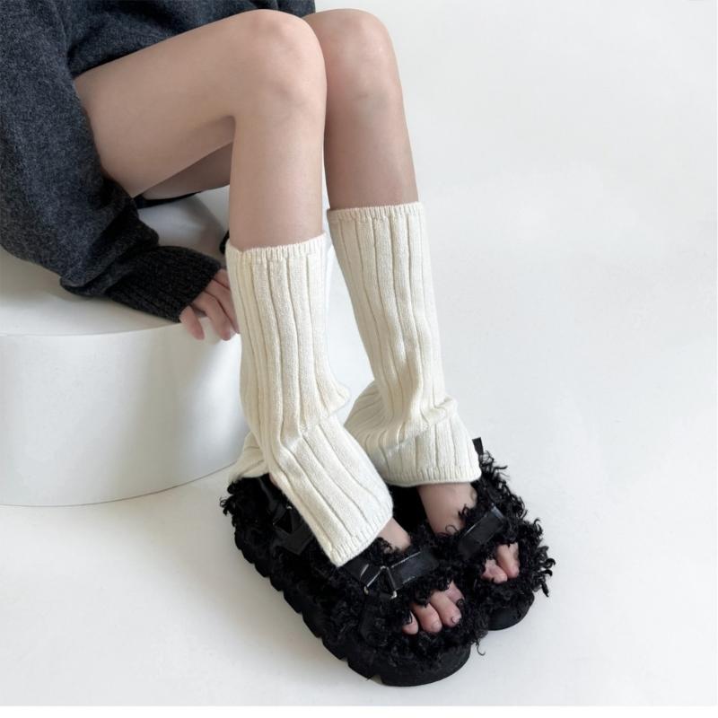 Women's Aesthetic Solid Color Leg Warmers with Side Split Ribbed Knit Boot Covers Footless Socks for Everyday Wear