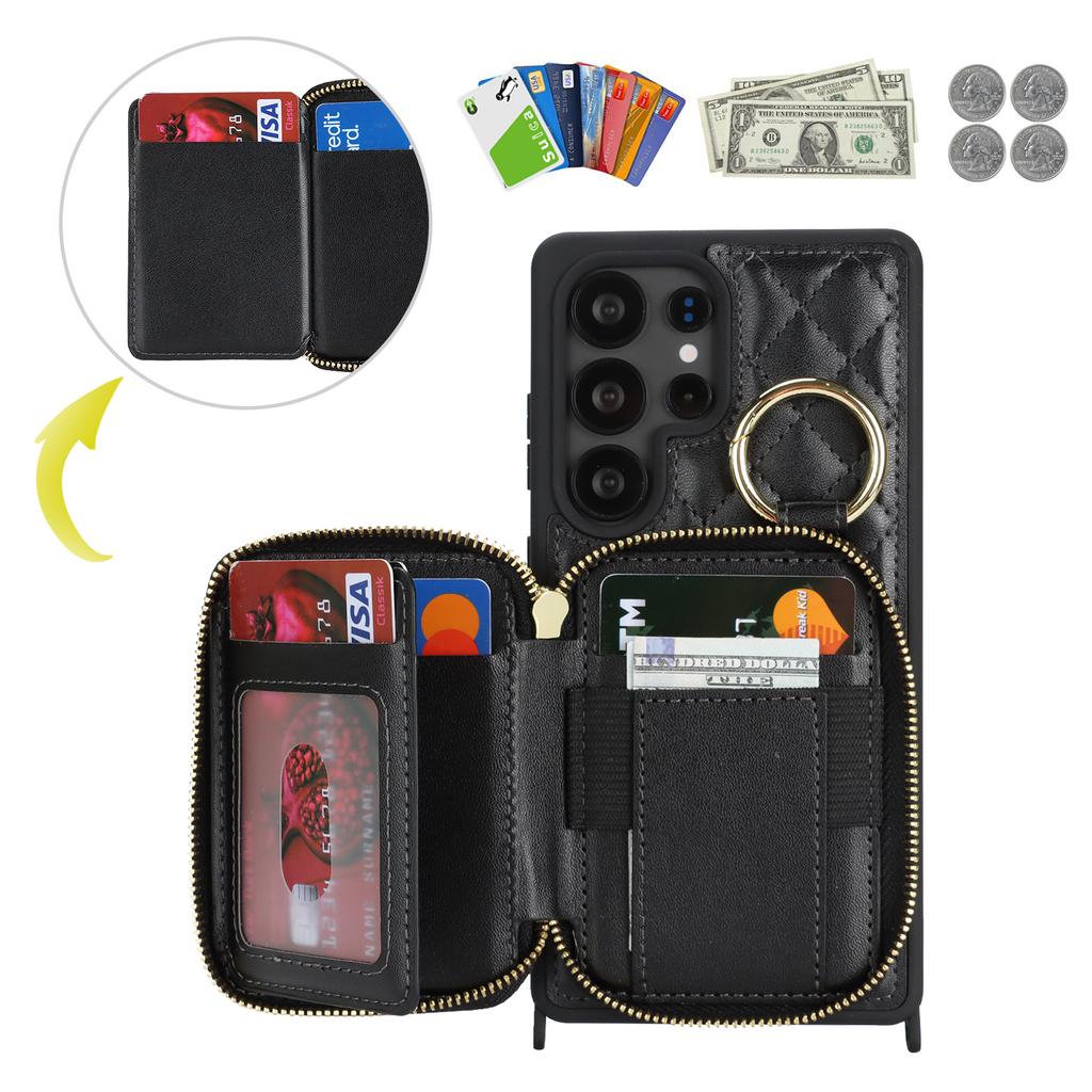For Samsung Galaxy S25 Ultra Case Ring Holder Zipper Pocket Kickstand Leather Back Phone Cover with Shoulder Strap