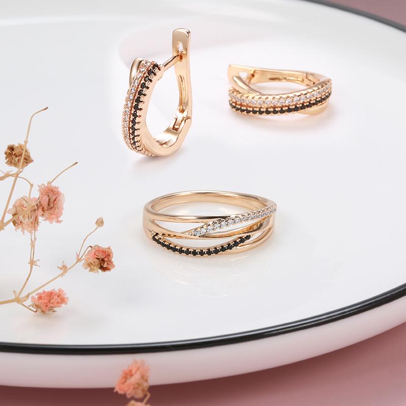 Unusual Rose Gold Ring Earrings Sets Black White Natural Zircon Cross Geometry Rings For Women Vintage Jewelry Sets