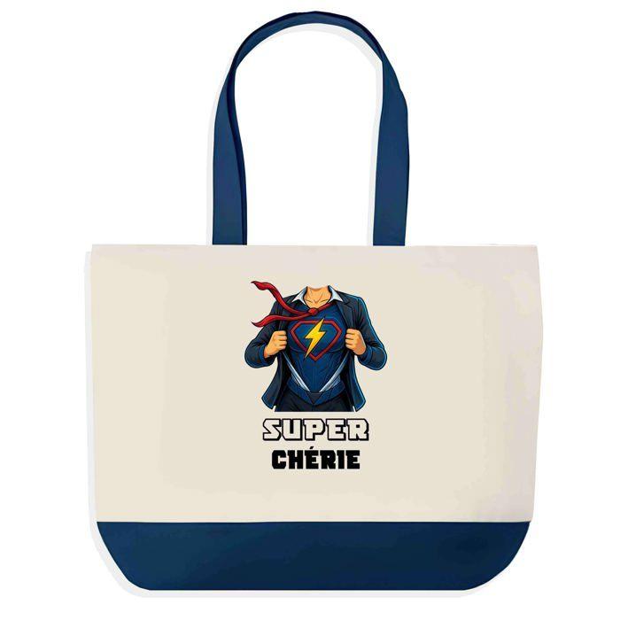 Tote bag - PLANETEE - Super Chérie - fond bleu - coton 40x45 cm - grand format