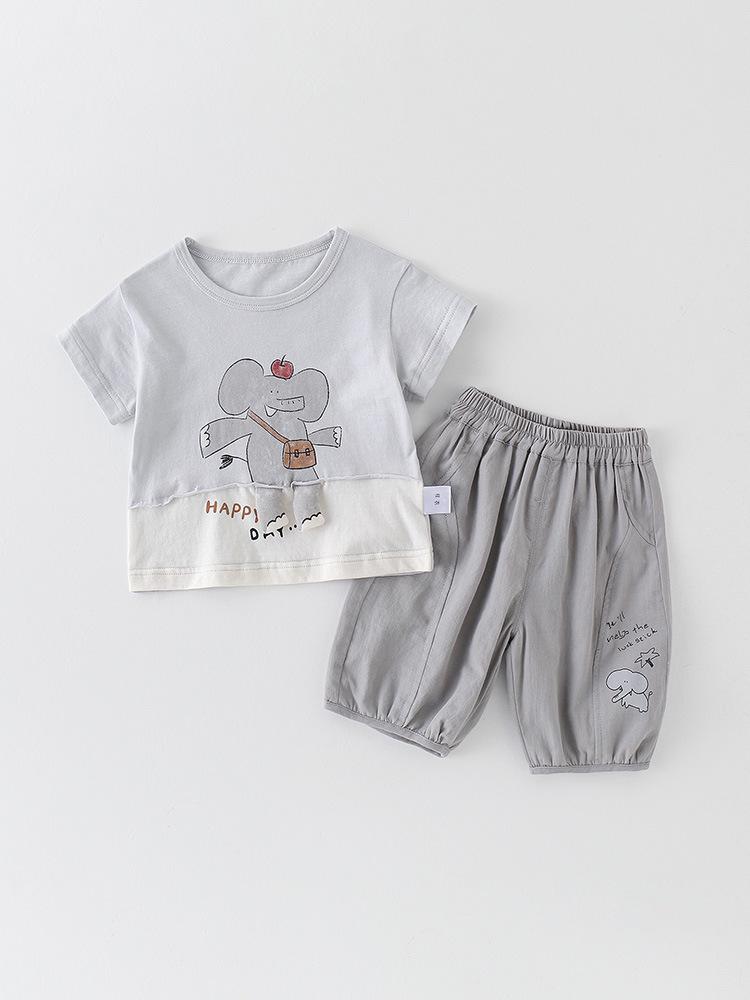 Baby Jungen Cartoon Elefant T-Shirt & Shorts Baumwoll Set, Leicht & Lässig