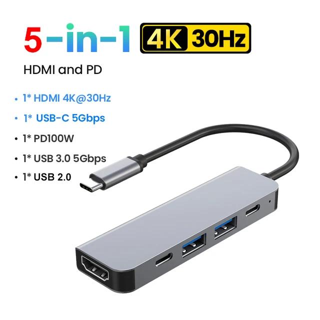 USB C HUB 4K 30Hz PD100W Dock USB-C 3.1 Splitter Type-C USBC Docking Station Adapter for MacBook Laptop iPad Huawei USB 3.0 HUB