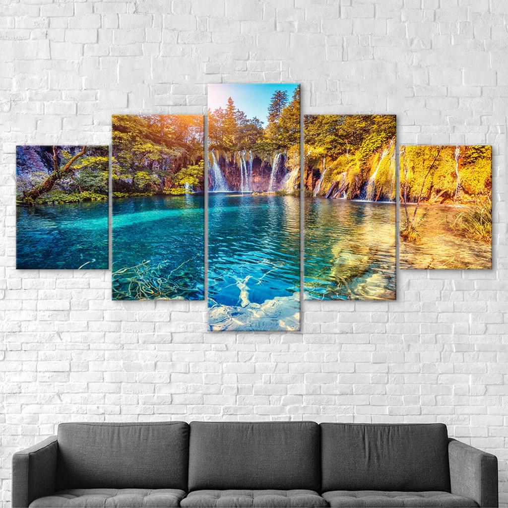 Waterfall Sunny Day 5 Piece Canvas Wall Art Multi Panel Print Modern Nature Poster Home Decor Picture Gift For Him For Her