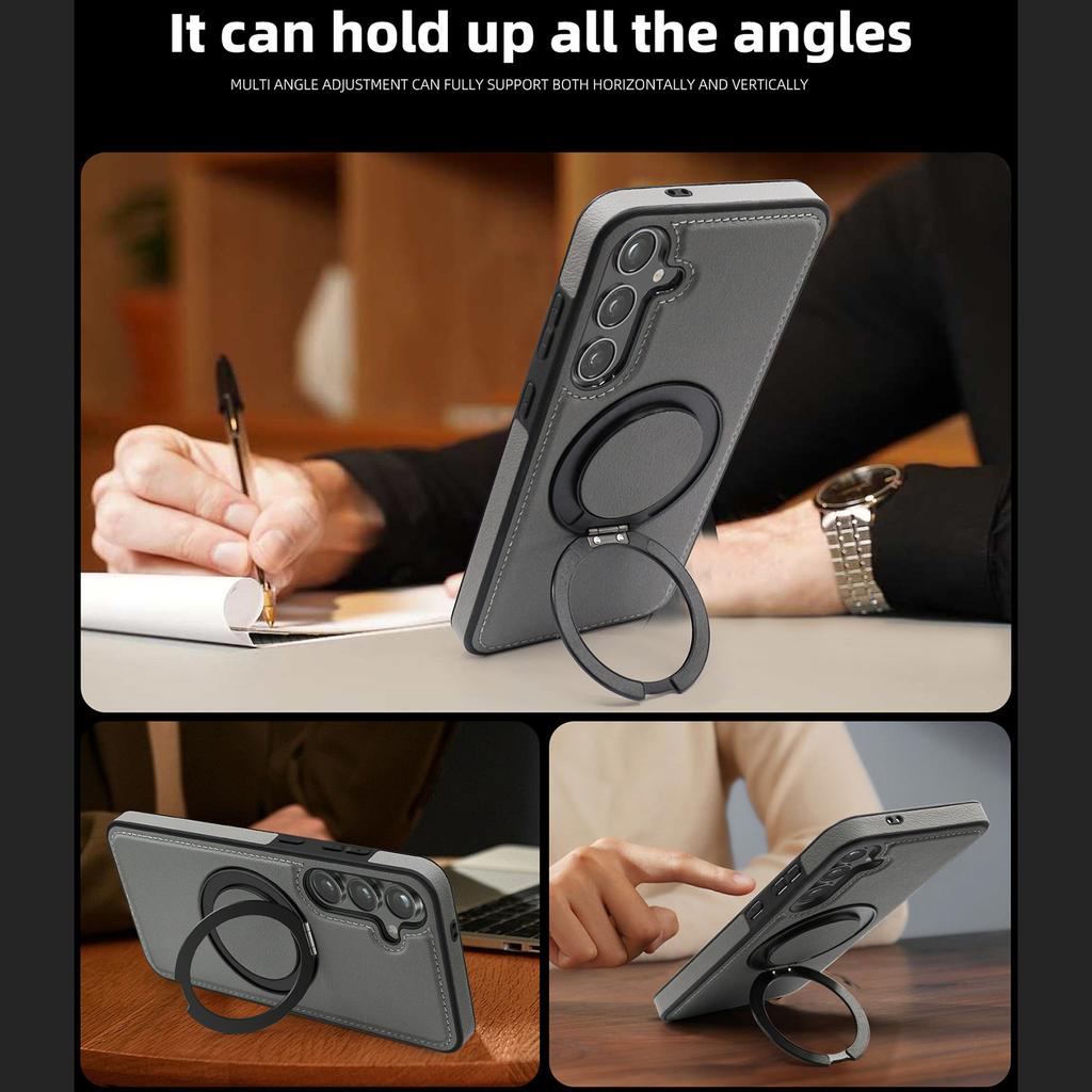 For Samsung Galaxy S24 Case with Ring Kickstand Compatible with MagSafe PU Leather Back Cover