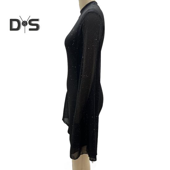 Damenkleid mit Cape-Ärmeln, Stehkragen, figurbetontes Minikleid, sexy, glänzendes Chiffon-Cocktailkleid mit Umhangärmeln für Hochzeit, Abendparty