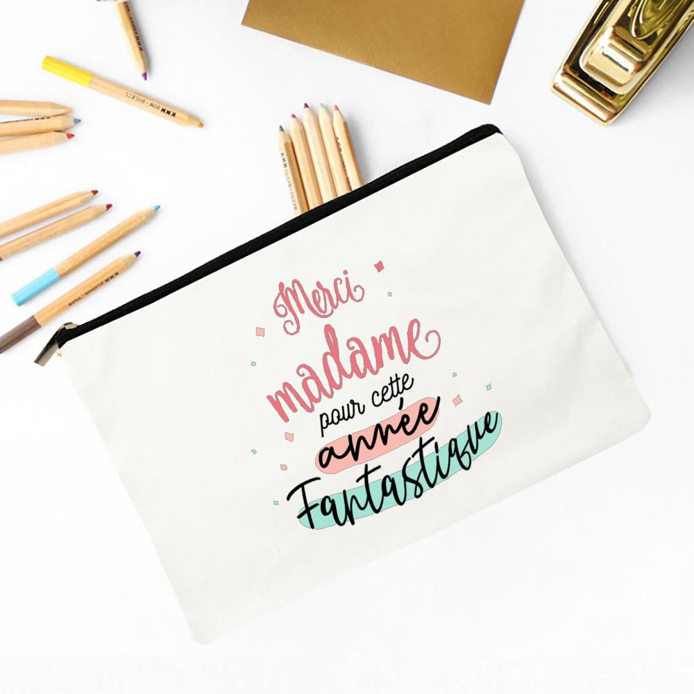 Merci Madame Print Pencil Bag Large Capacity School Stationery Supplies Storage Bags Travel Make Up Bag Year-end Gift for Madame