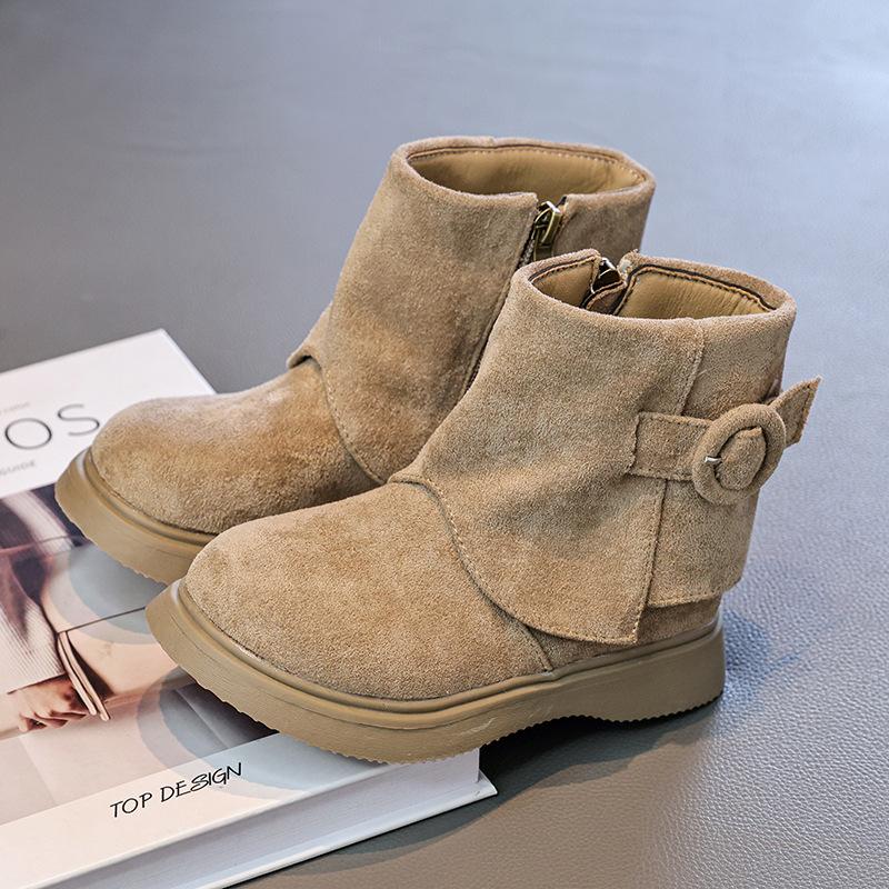 

Autumn and Winter Girls Fleece-lined Ankle Boots Children s Suede Retro Winter Boots British Style Warm Cotton Boots 36 хаки