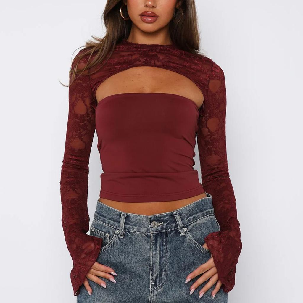 Damen Spicy Girl - Vibe Spitze - Gespleißter Schnitt - Ärmel Slim - Fit Einfarbig - Langarm Oberteil
