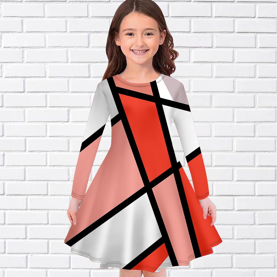Mädchen Lässig Geometrischer Linien Gitterdruck Rundhals Langarm Kleid Kinder Prinzessinnenkleid