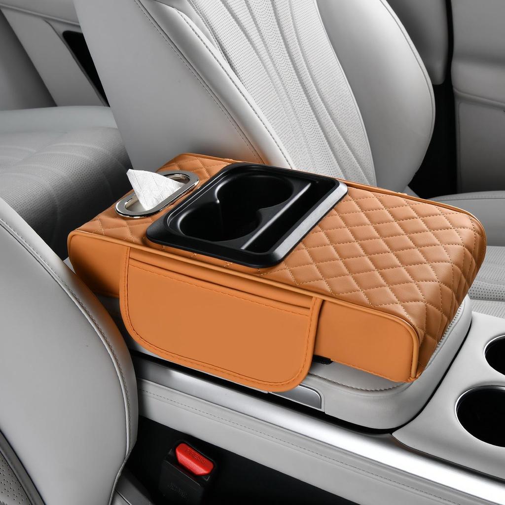 Nappa Leather Car Armrest Storage Pad with Double Cup Holders & Phone/Tissue Slots