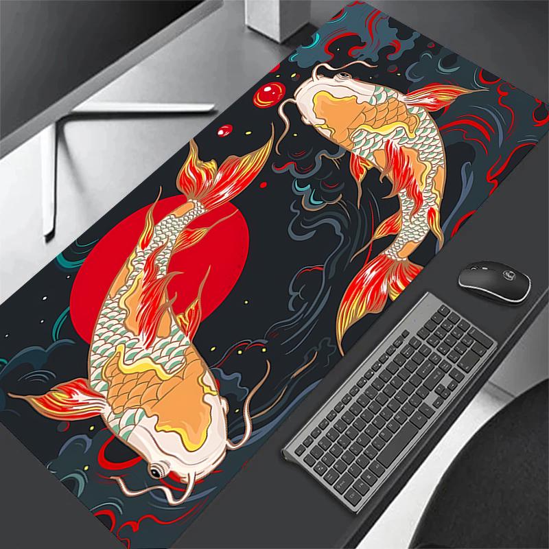 Japanese Desk Mat Black & White Mouse Pad Koi Fish Japan Art Seal Yin-yang Fish Large XXL Gaming Deskmat Rubber Mousepad 80x30