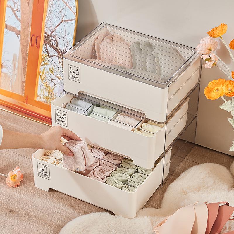 Cream Underwear Storage Box: Divided Drawer Organizer for Bras & Socks, Perfect for Dorms & Wardrobes.