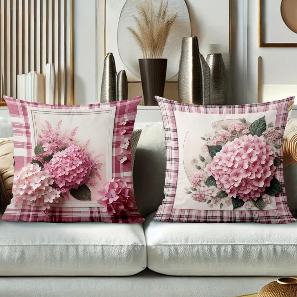 Pink Hydrangea Patterned Plaid Cushion Covers for Home Polyester pillowcase, sofa decorative cushion cov Headboard Pillow