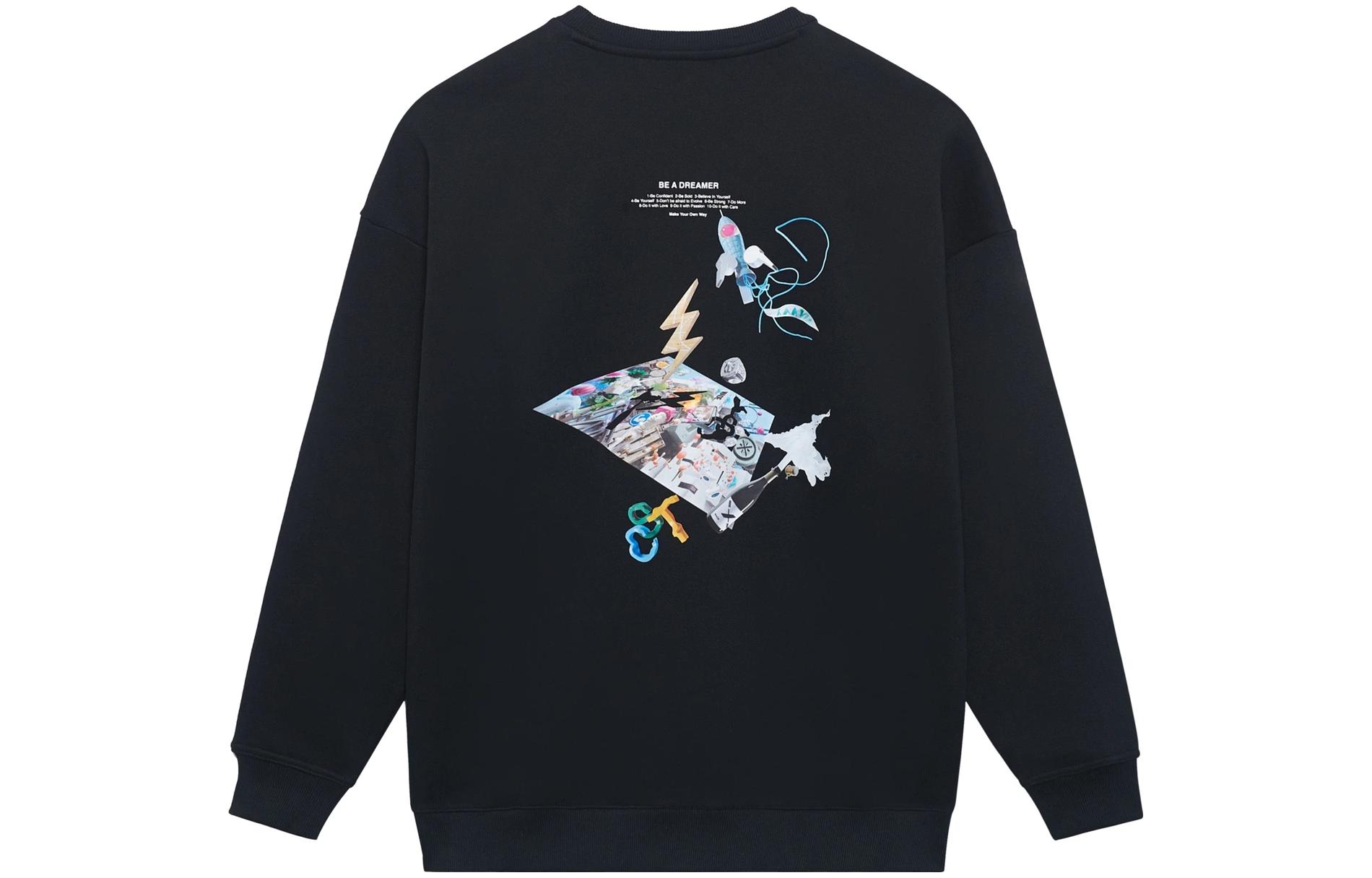 Li Ning Back Patterned Print Pullover Fleece Lined Long Sleeved Sweatshirt Unisex Black AWDSI39-1 XXL
