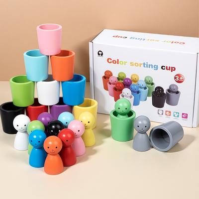 A 24pcs Wooden Sorting Cup Set In a Colorful Box, Featuring Cute Wooden Figurines for Educational Play. Enhances Observation and Hands-on Skills
