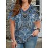 Ethnic Style T-Shirts Vintage Floral 3D Print Women's V-Neck Short Sleeve T Shirt Y2k Harajuku Tees Casual Tops Female Clothing