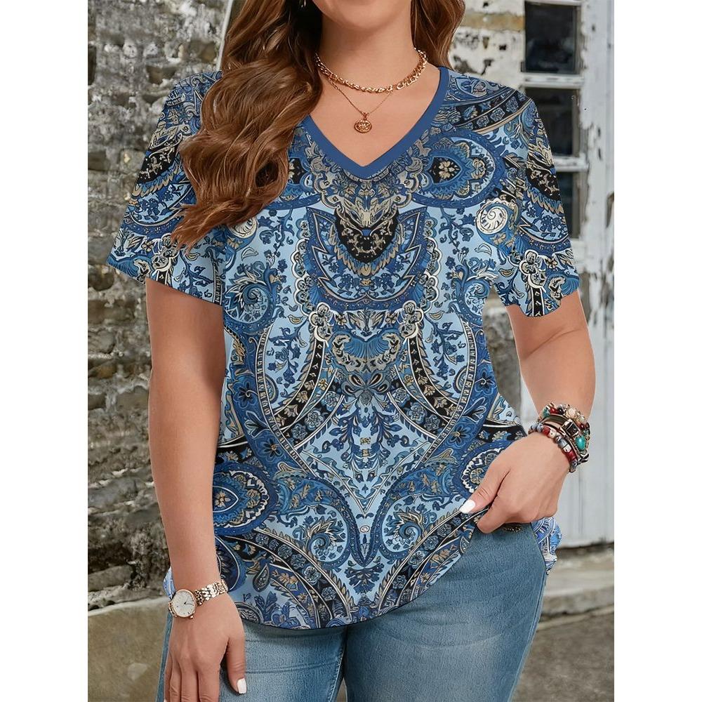 Ethnic Style T-Shirts Vintage Floral 3D Print Women's V-Neck Short Sleeve T Shirt Y2k Harajuku Tees Casual Tops Female Clothing