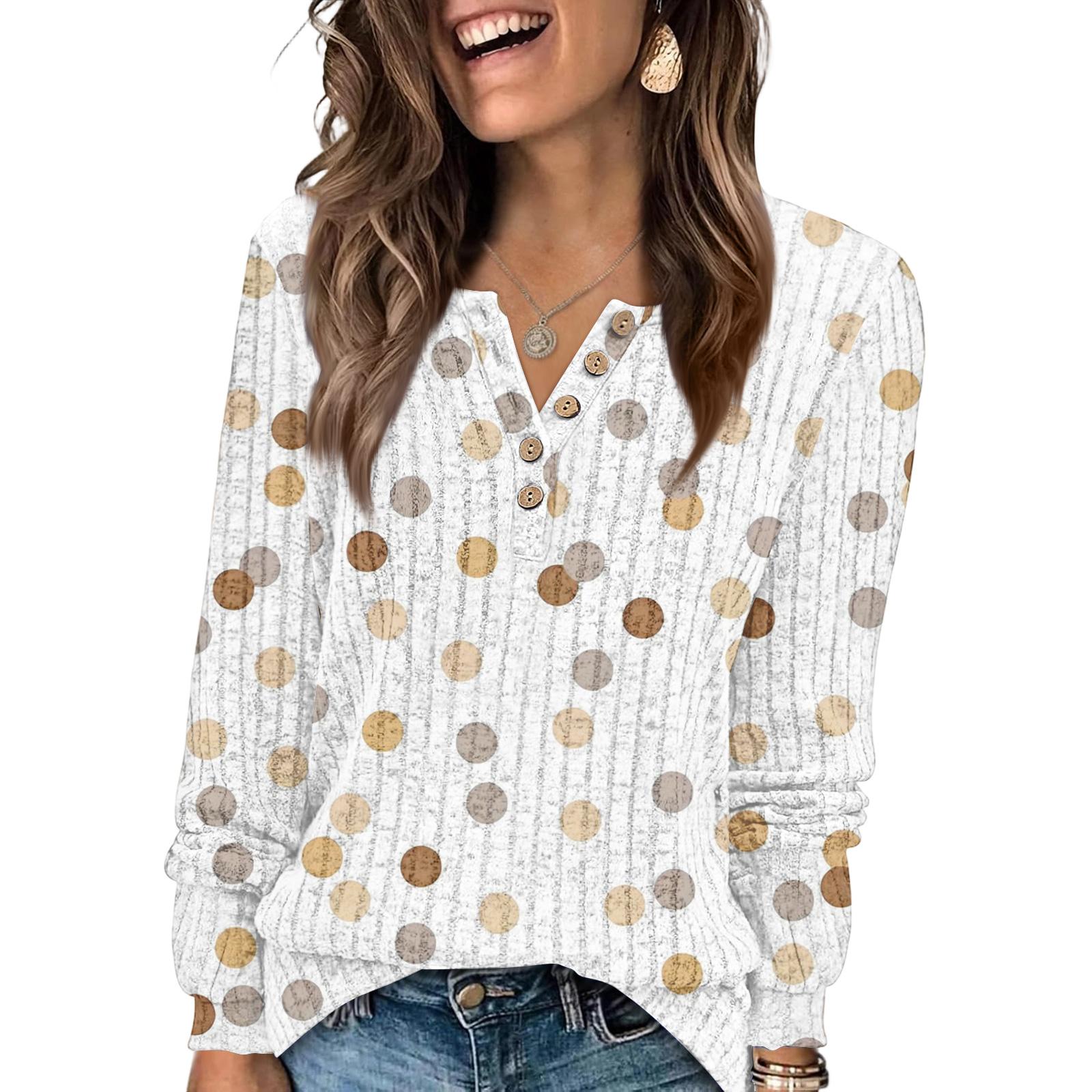 Women s Fashion V-Neck Button-Up T-Shirt With Polka Dot Print Long-Sleeved Top L