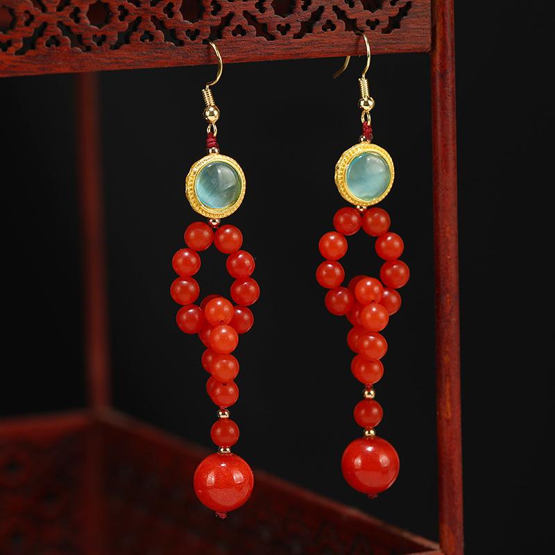 

New Chinese tassel earrings, red agate retro Chinese style earrings, long niche high-end cheongsam earrings, women