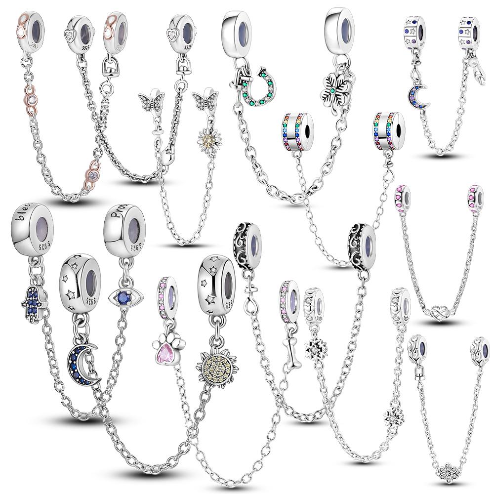 Copper Stars Moon Clover Safety Chains Charms Beads Fit Original Bangle Bracelets Diy Jewelry Gift For Women