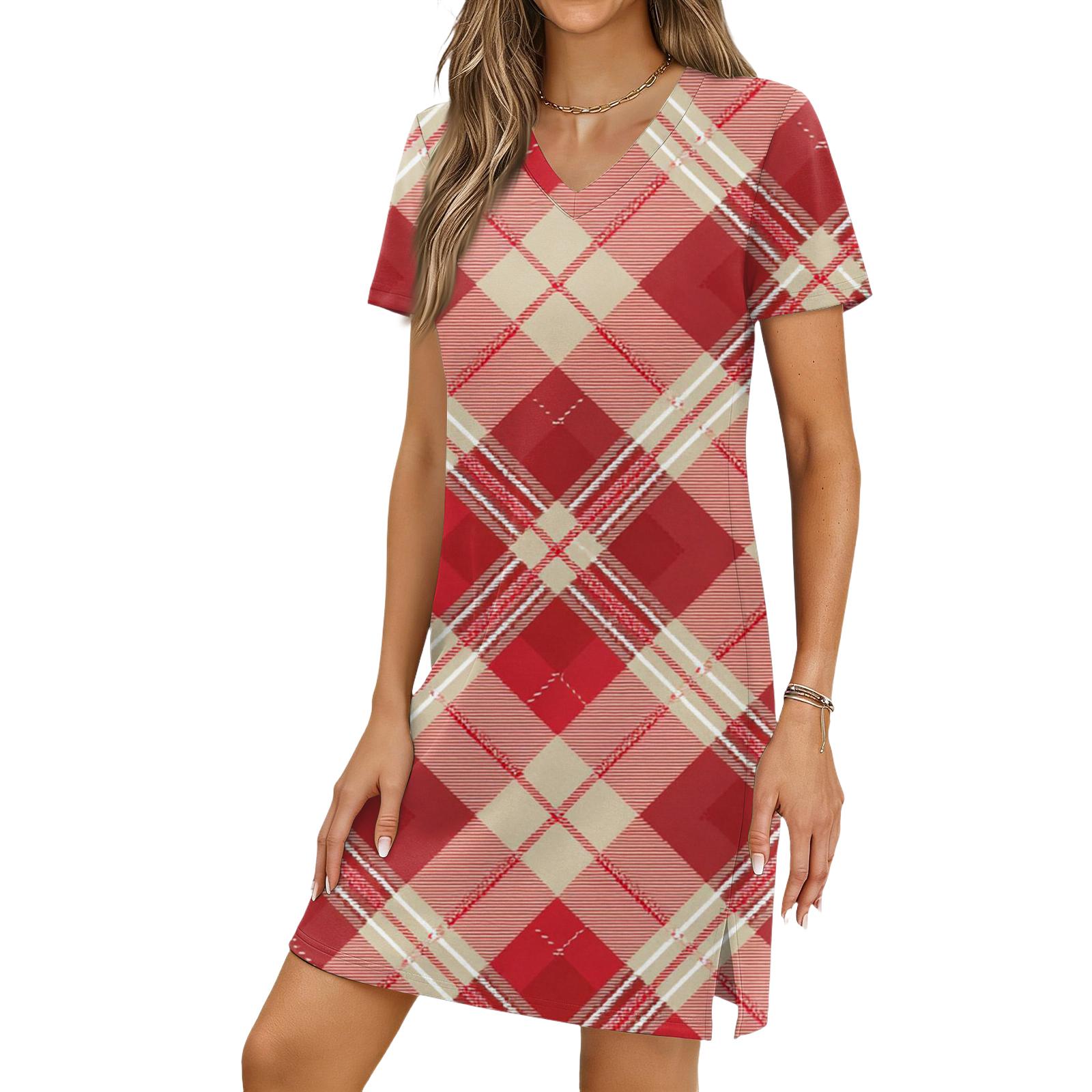 Women s Casual V-neck Short Sleeve Split Hem Plaid Print Dress M