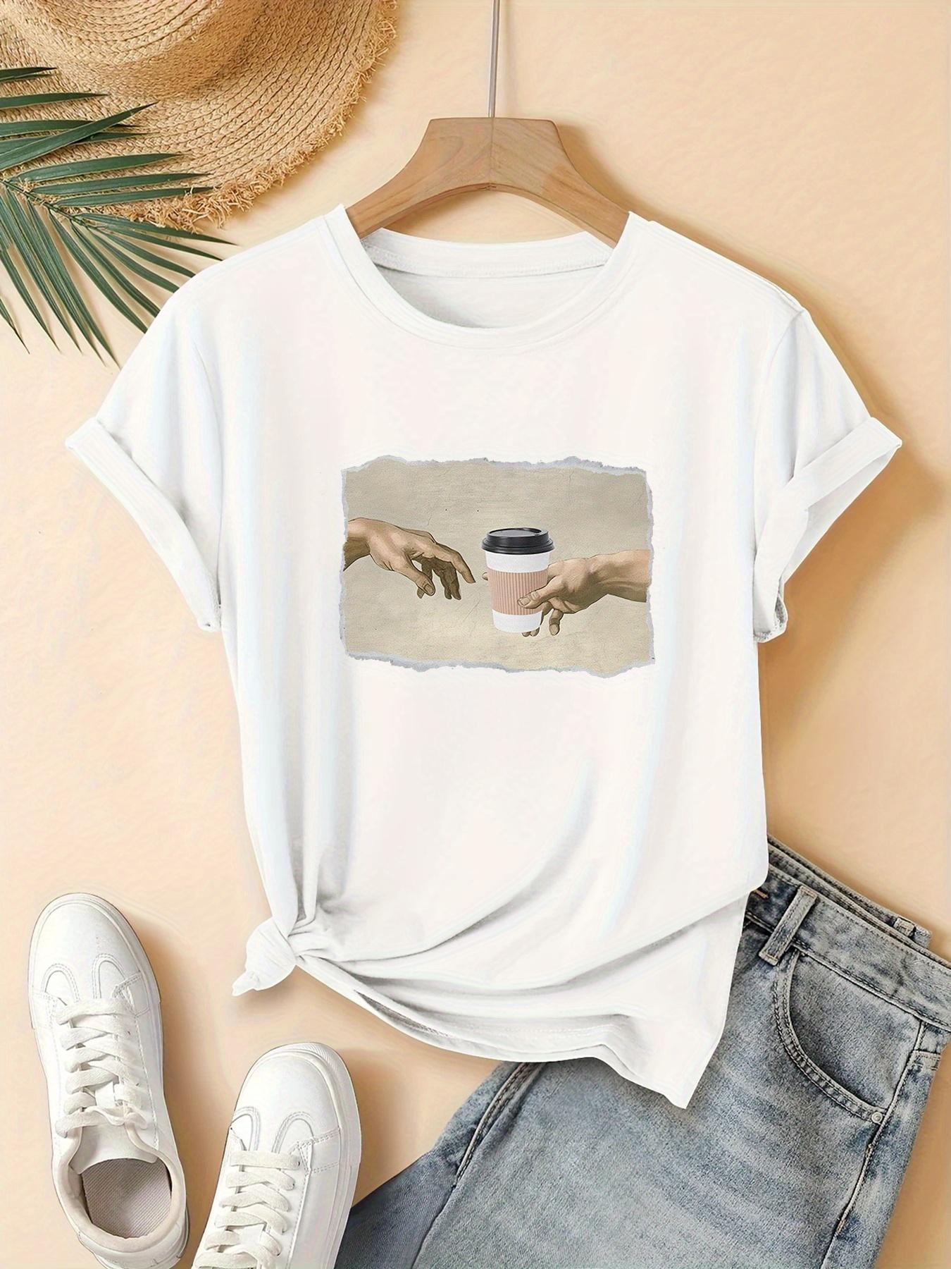 

Womens Casual Graphic TShirt Short Sleeve Round Neck Summer with Coffee Cup and Hand Design Printed Casual Women Clothing S