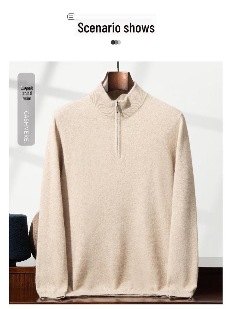 Eleganter Herren-Halbreißverschluss-Kaschmirpullover, einfarbige Strickware mit Stehkragen, Business Casual Pullover
