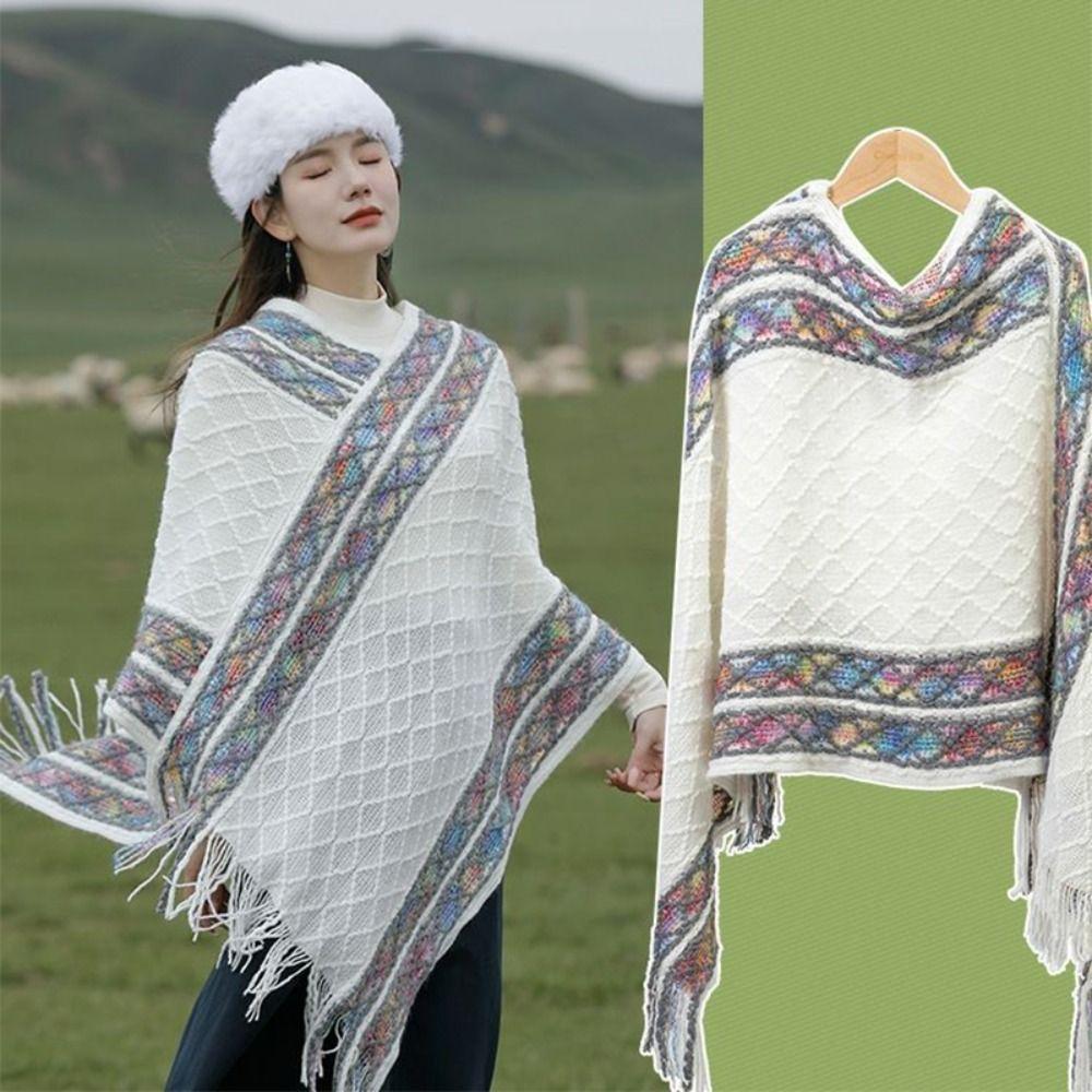 Rhombic Ethnic Style Scarf Stripe Imitation Cashmere Shawl Elegant Knitted Cape  Girl