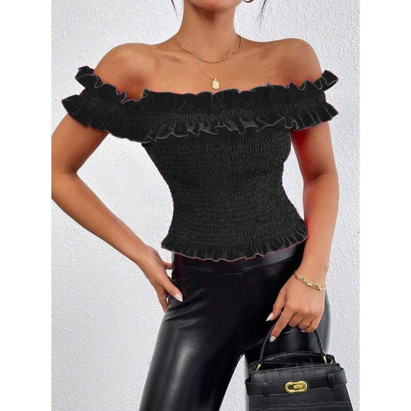 

Модный стиль Облегающий с открытыми плечами Сексуальный стиль Летняя мода Роскошная футболка Свободная майка Топ с оборками Женская мода Black S