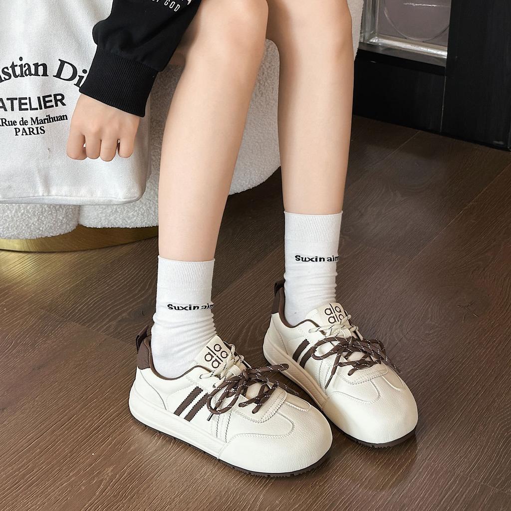 Leather thick-soled German training shoes women's autumn new versatile and lightweight round head color matching lace-up sports board shoes