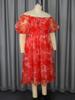 AOMEI Red Floral Off Shoulder Puff Sleeve Dress A Line Elegant Plus Size Ball Gowns Dresses for Ladies