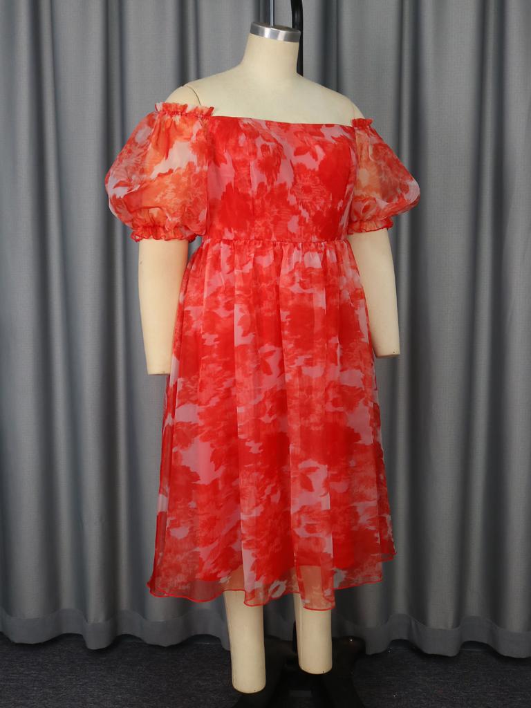 AOMEI Red Floral Off Shoulder Puff Sleeve Dress A Line Elegant Plus Size Ball Gowns Dresses for Ladies