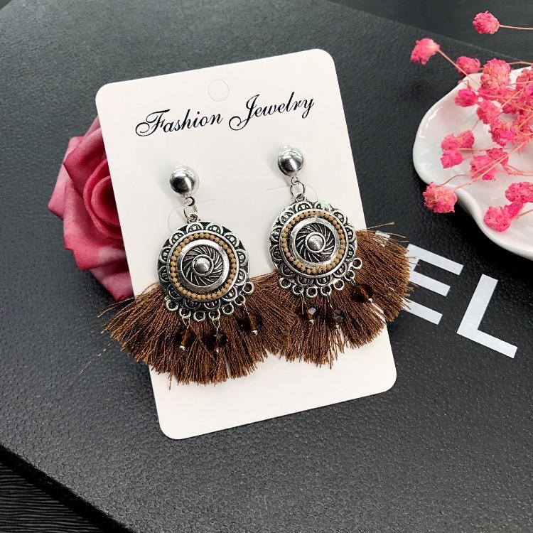 

Модные ретро этнические серьги с бахромой, женские универсальные темпераментные серьги-кольца из старинного серебра, простые серьги коричневый