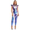 Macacão Alien Metálico Iridescente Feminino Manga Voadora Calças Compridas Unitard Traje Cosplay Espacial