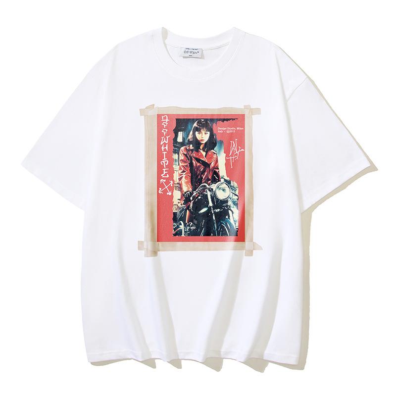 Off-White 2025 Summer New OW Motorcycle Girl Pattern Printed Short Sleeved T-shirt for Men and Women