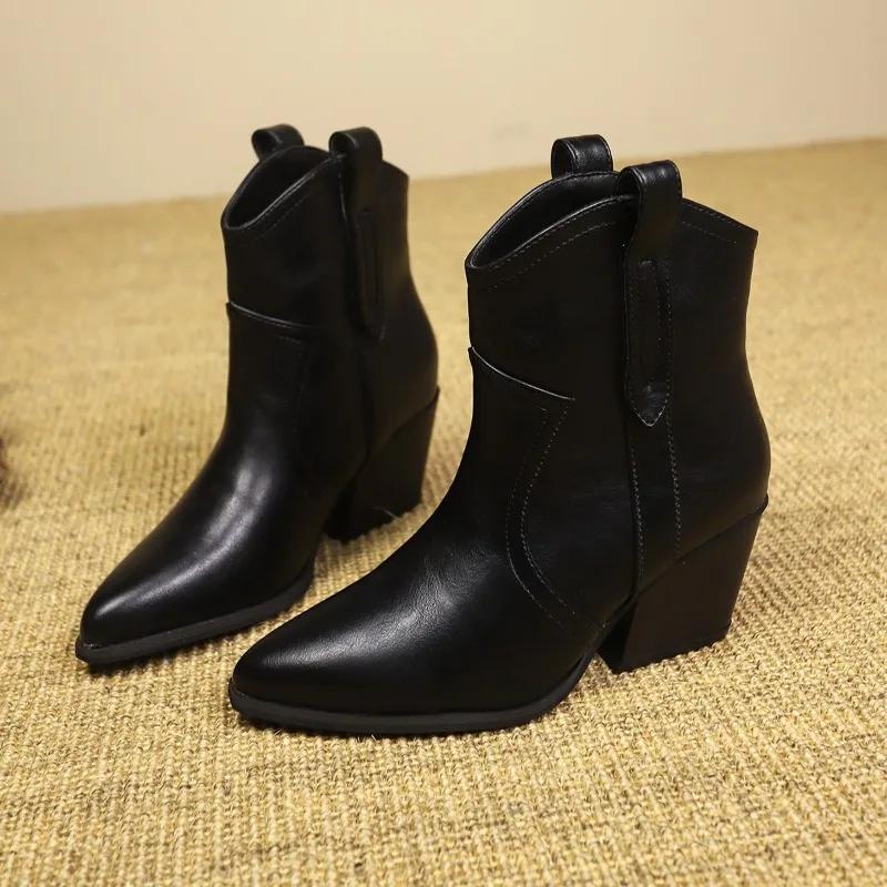 Women Ankle Boots Genuine Leather Autumn Winter Short Boots Thick Heels Pointed Toe Shoes Woman Mature Basic Office Lady