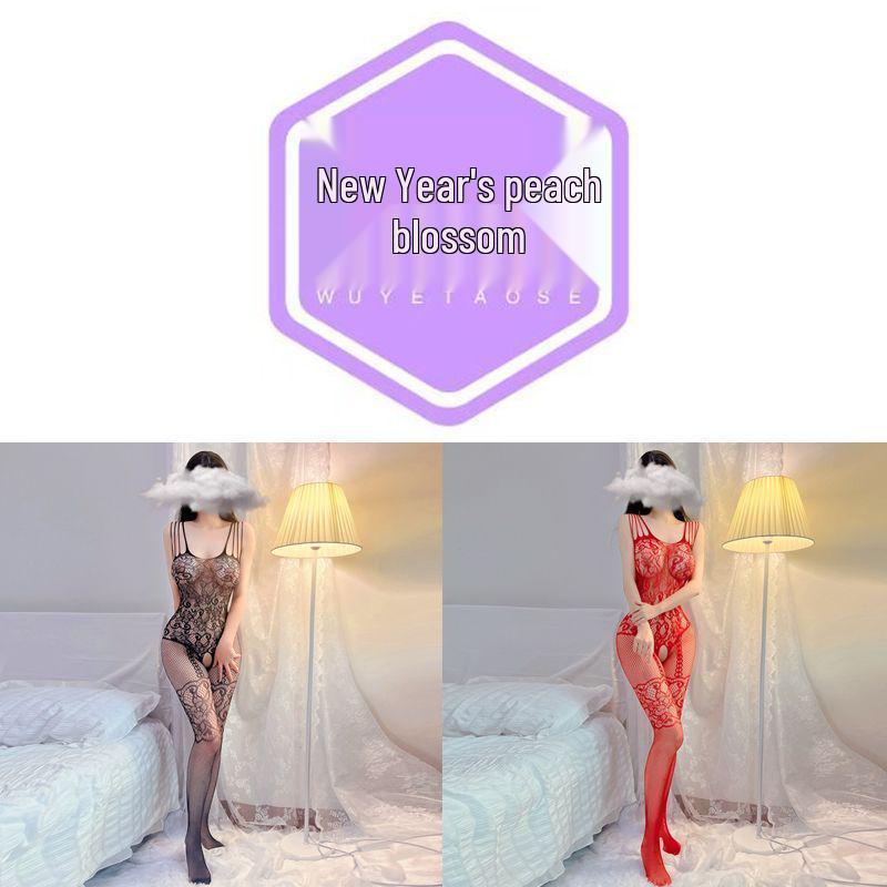 Červený Zvěrokruh Sexy Bez Ramínek Síťovaný Body s Otevřeným Rozkrokem & Odnímatelnými Síťovanými Punčochami